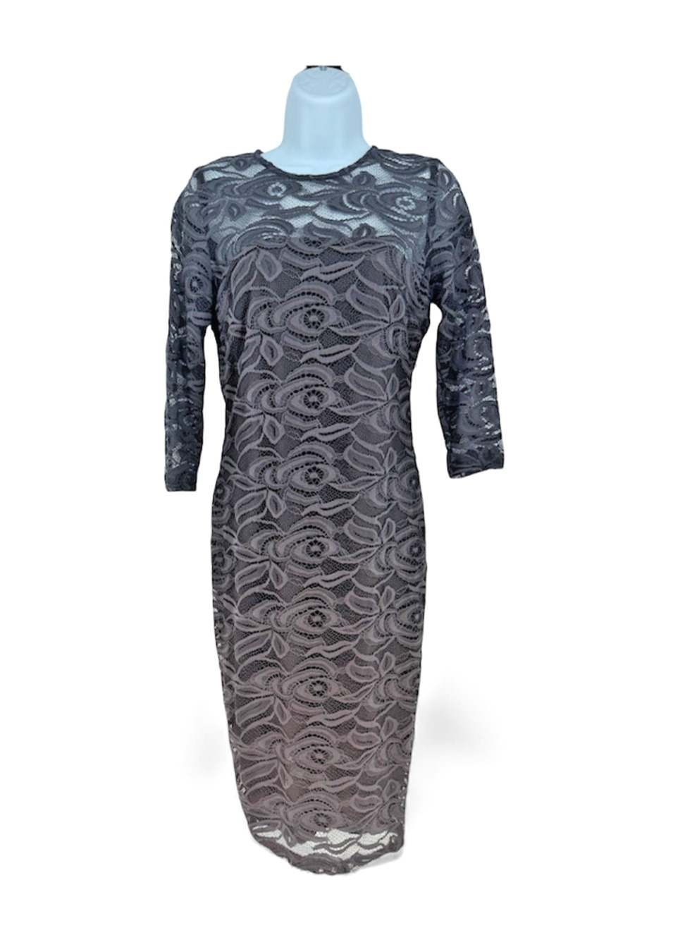 AX Paris Lace Bodycon Pewter Color Dress Back Zip Closure 3/4 Sleeves Size 6